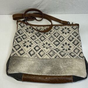 MYRA Bag Tessellated Tapestry Cotton Hairon Tooled Leather Distressed Crossbody